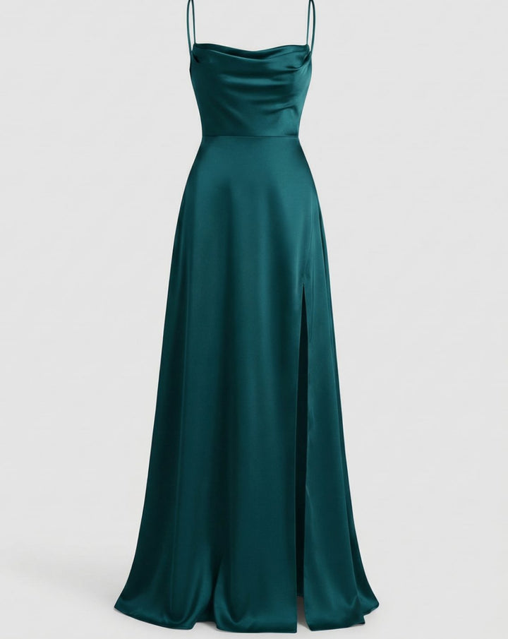 Women's Satin Cowl-Neck Sleeveless Maxi Dress High Slit - Blue