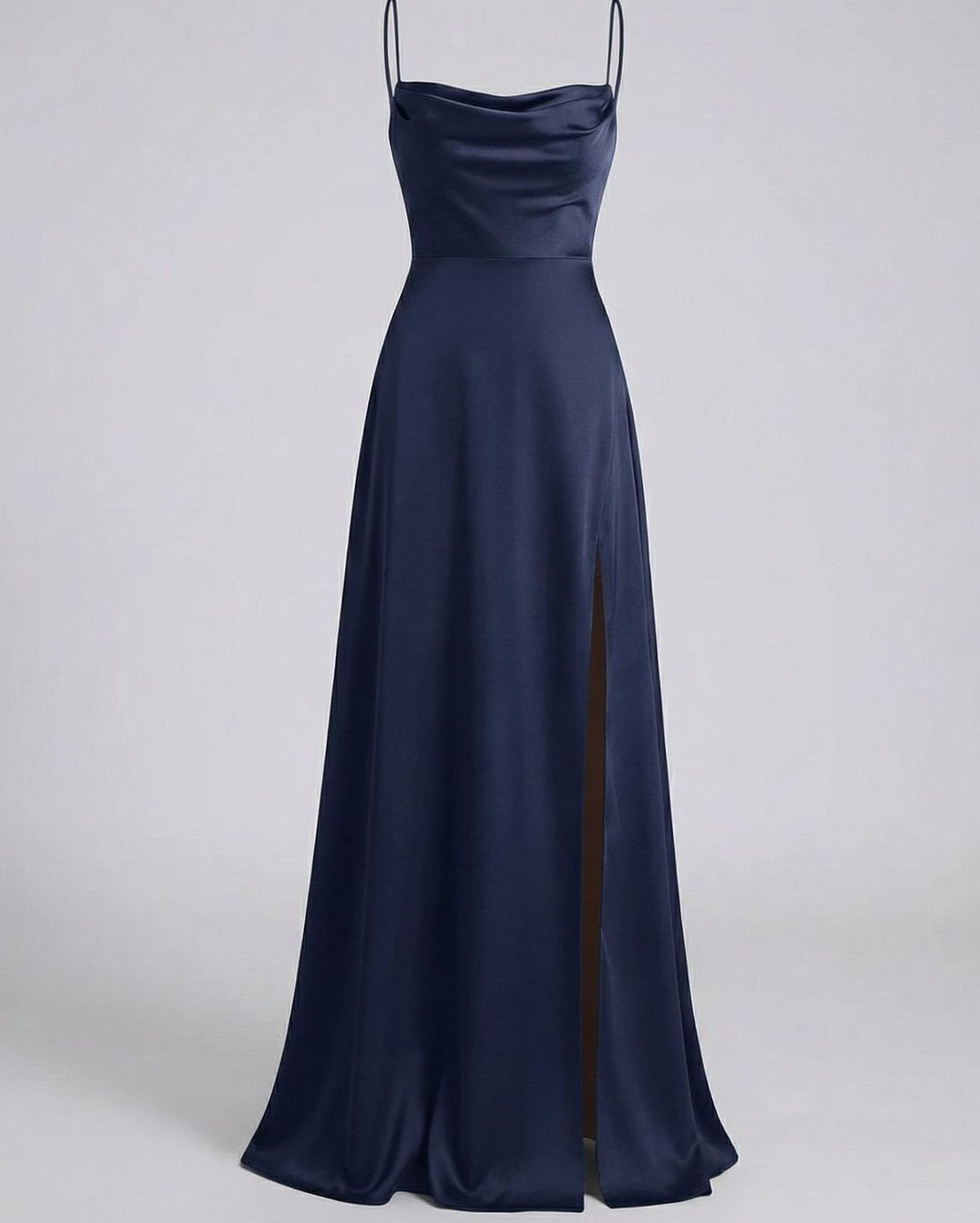 Women's Satin Cowl-Neck Sleeveless Maxi Dress High Slit - Dark Blue