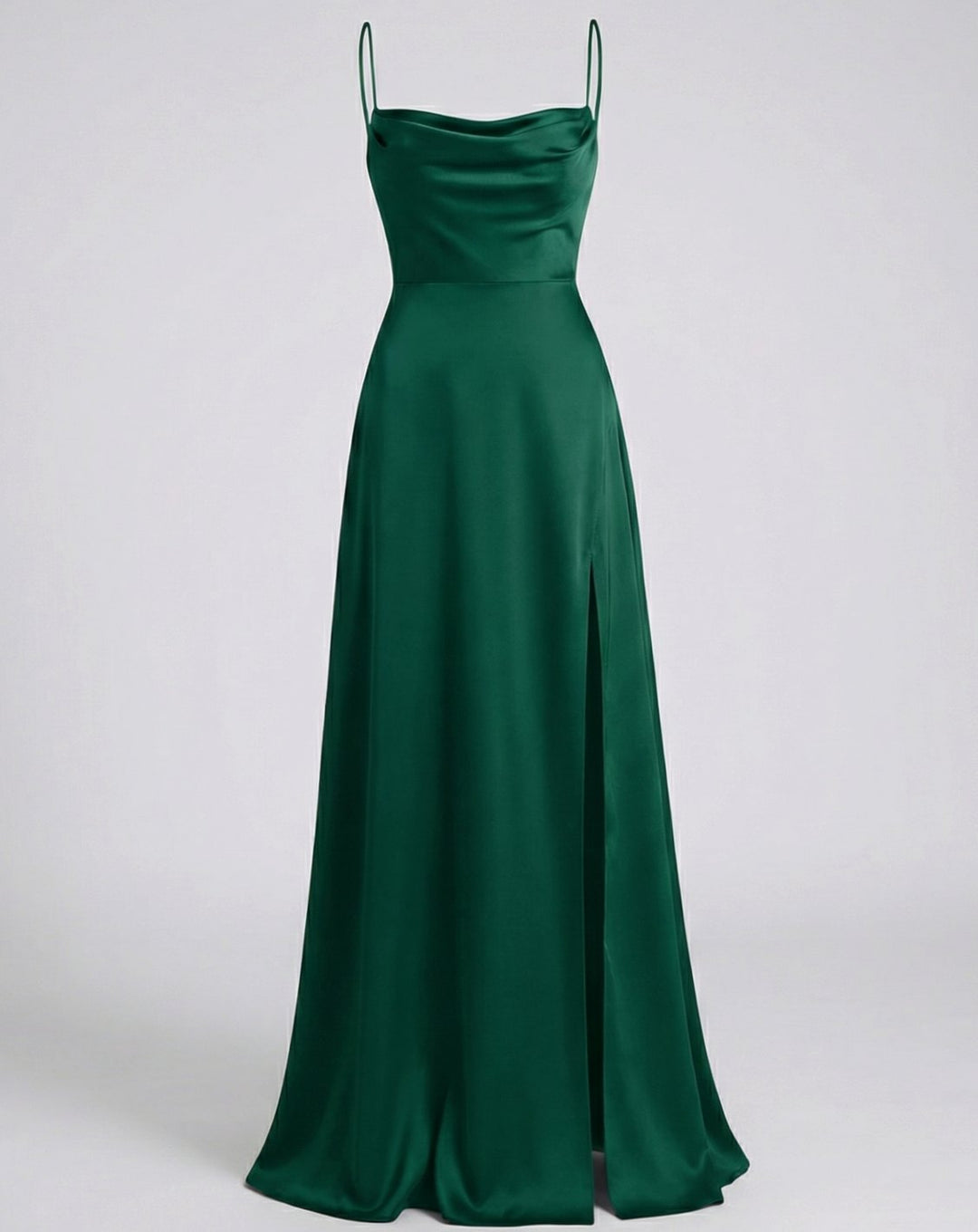 Women's Satin Cowl-Neck Sleeveless Maxi Dress High Slit - Green