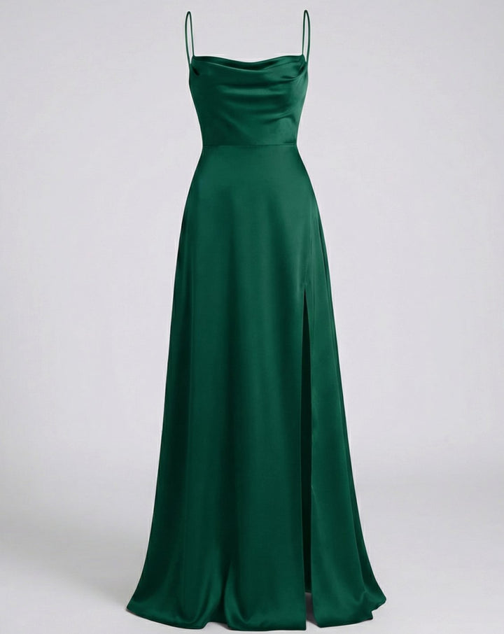 Women's Satin Cowl-Neck Sleeveless Maxi Dress High Slit - Green