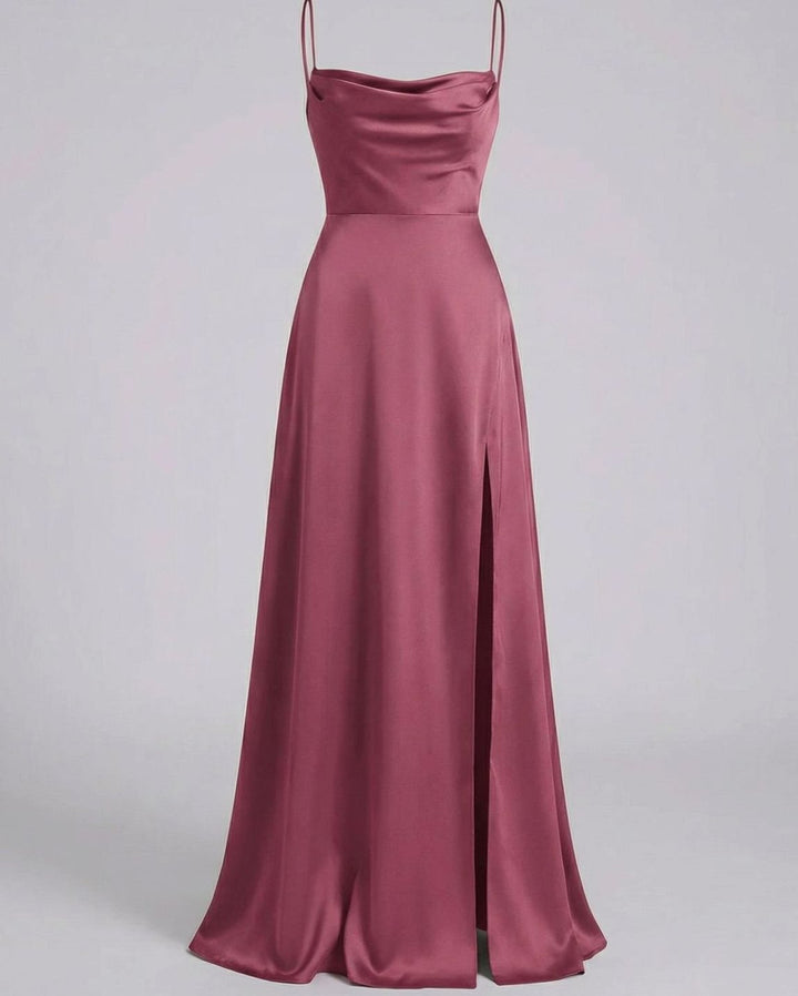 Women's Satin Cowl-Neck Sleeveless Maxi Dress High Slit - Pink