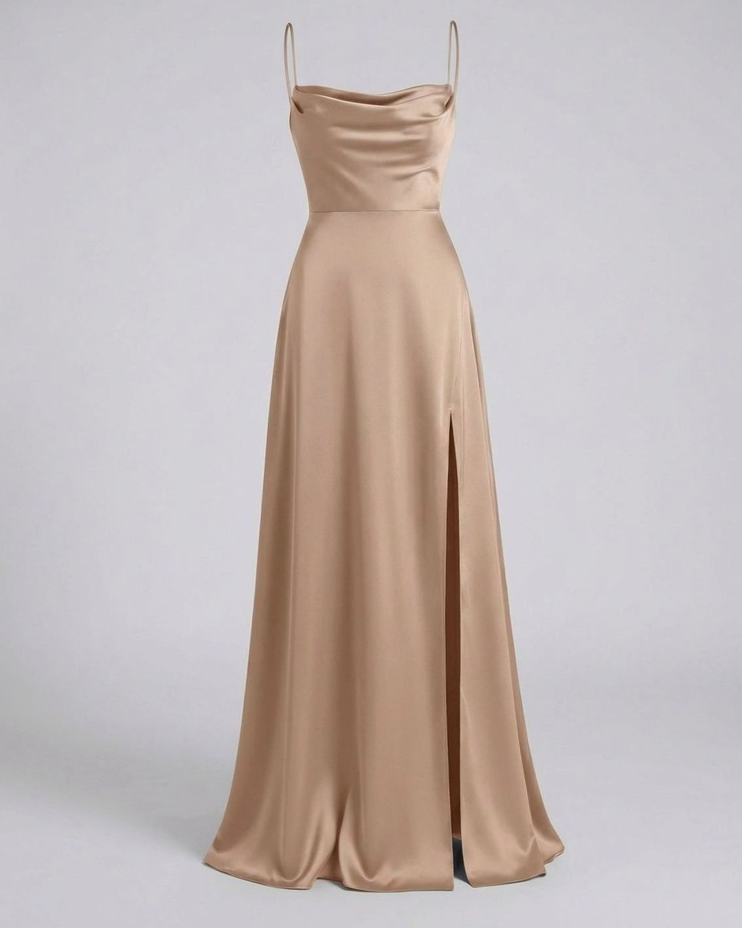 Women's Satin Cowl-Neck Sleeveless Maxi Dress High Slit - Brown