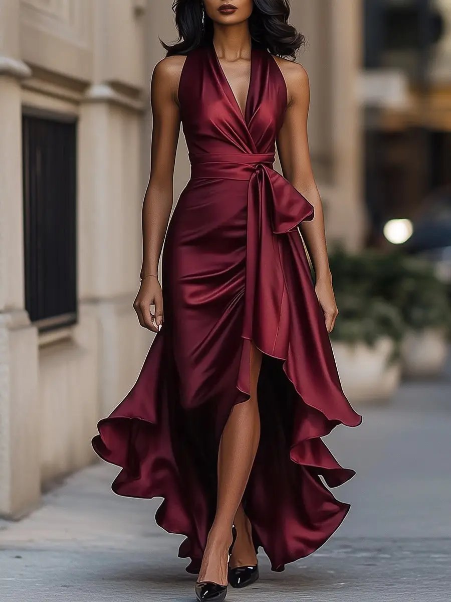 Women's Satin Halter Cocktail Party Dress High-Low Ruffle Wrap - Burgundy