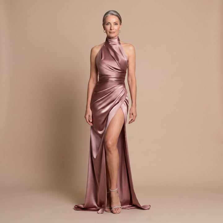Women's Satin Halter-Neck High-Slit Formal Maxi Dress