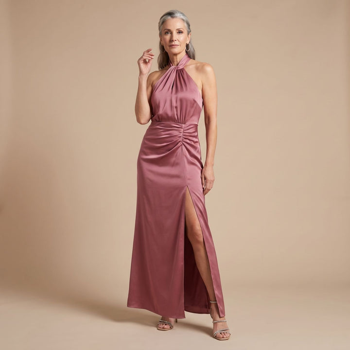 Women's Satin Halter-Neck High-Slit Formal Maxi Dress - Pink