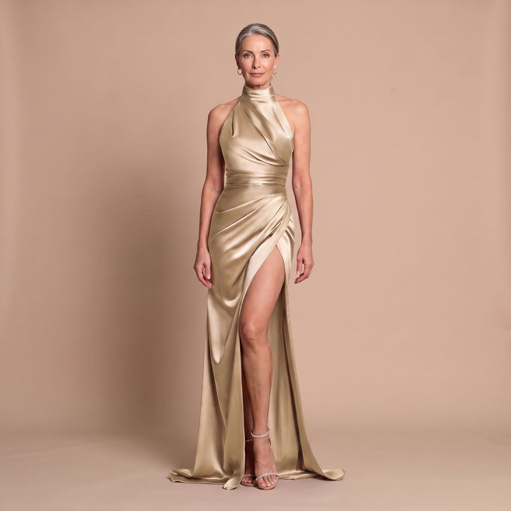 Women's Satin Halter-Neck High-Slit Formal Maxi Dress - Gold