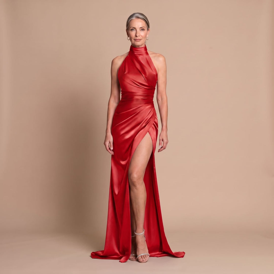 Women's Satin Halter-Neck High-Slit Formal Maxi Dress - Red