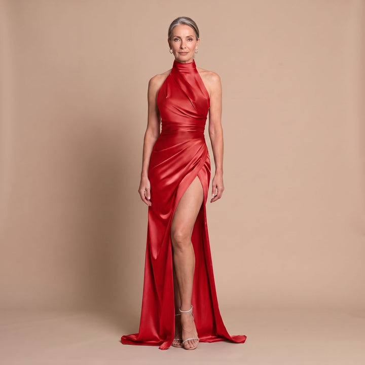 Women's Satin Halter-Neck High-Slit Formal Maxi Dress - Red