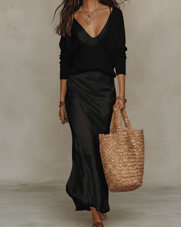 Women's Satin Midi Long Sleeve Dress V-Neck Knit Sweater Set - Black