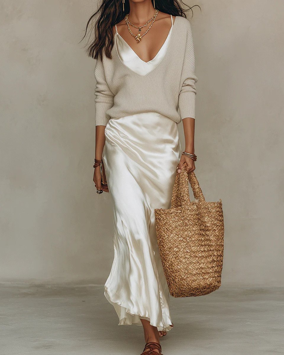 Women's Satin Midi Long Sleeve Dress V-Neck Knit Sweater Set