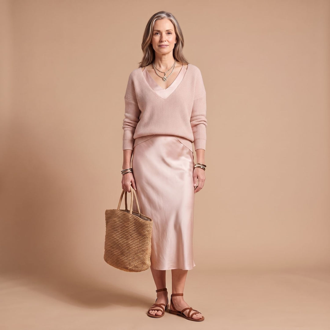 Women's Satin Midi Slip Dress Knit Sweater Two-Piece Set - Pink