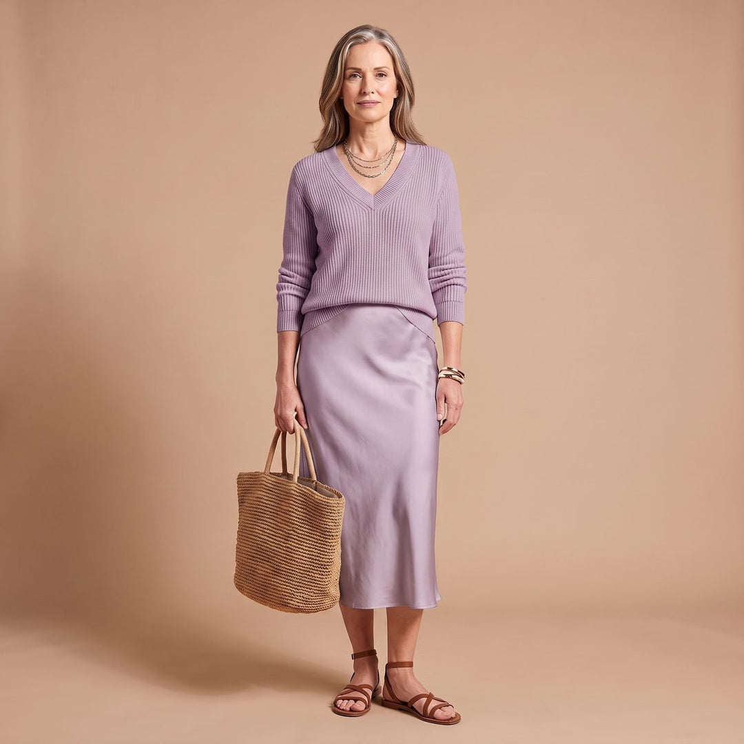 Women's Satin Midi Slip Dress Knit Sweater Two-Piece Set - Lilac
