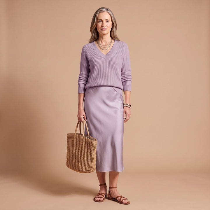Women's Satin Midi Slip Dress Knit Sweater Two-Piece Set - Lilac