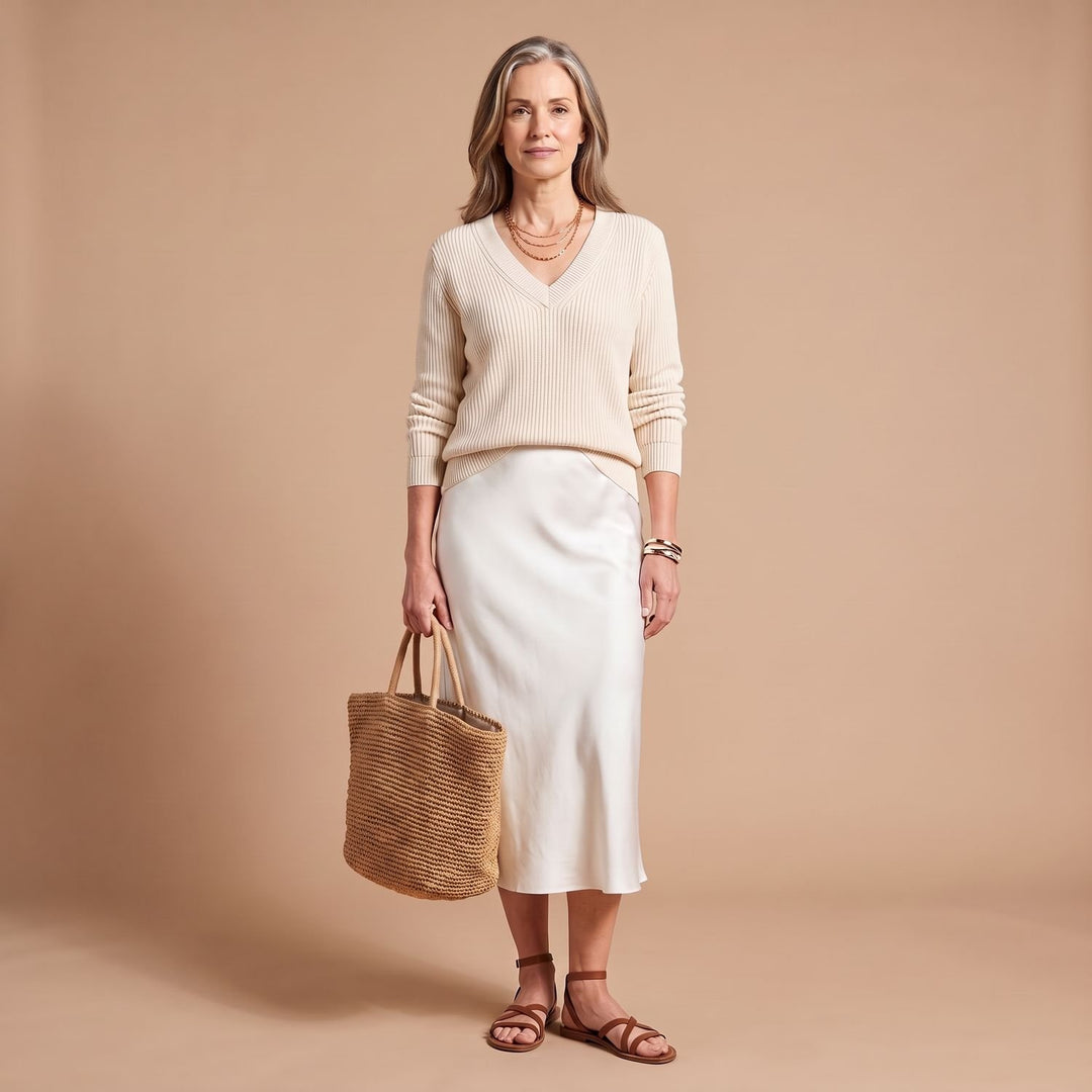 Women's Satin Midi Slip Dress Knit Sweater Two-Piece Set