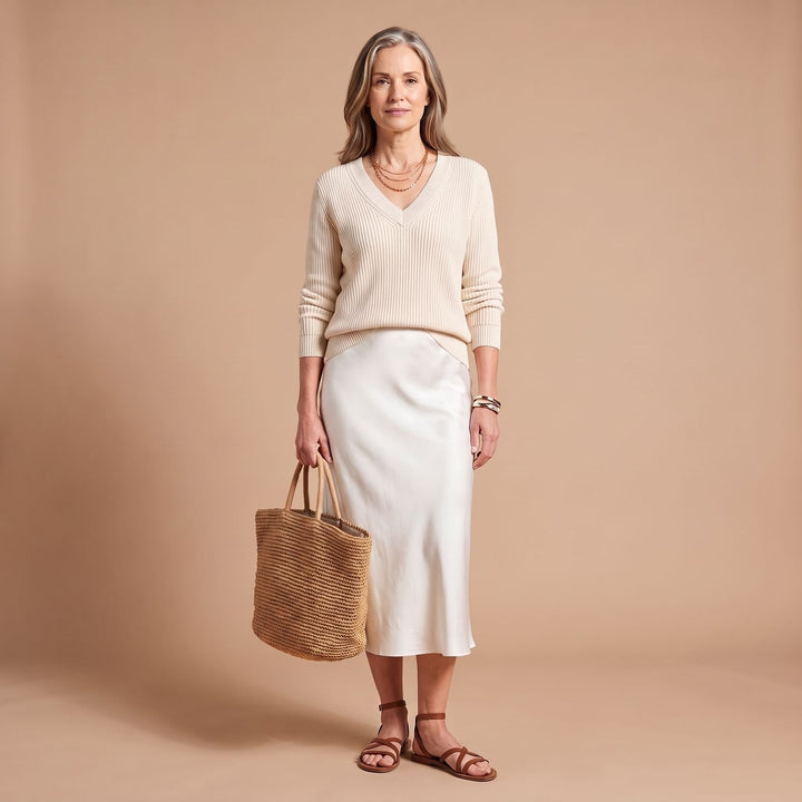 Women's Satin Midi Slip Dress Knit Sweater Two-Piece Set