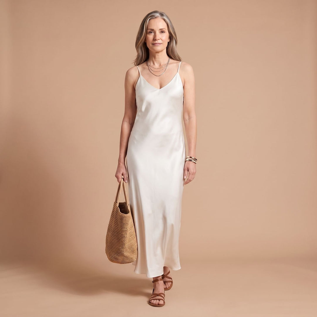 Women's Satin Midi Slip Dress Knit Sweater Two-Piece Set