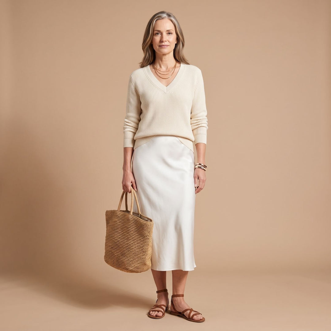 Women's Satin Midi Slip Dress Knit Sweater Two-Piece Set - White