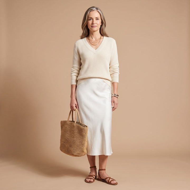 Women's Satin Midi Slip Dress Knit Sweater Two-Piece Set - White