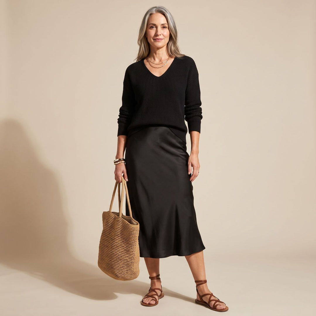 Women's Satin Midi Slip Dress Knit Sweater Two-Piece Set - Black