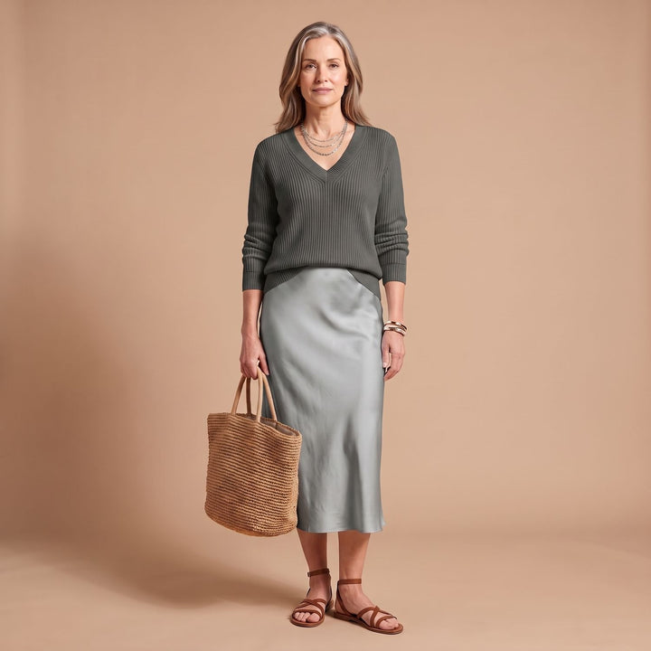 Women's Satin Midi Slip Dress Knit Sweater Two-Piece Set - Gray