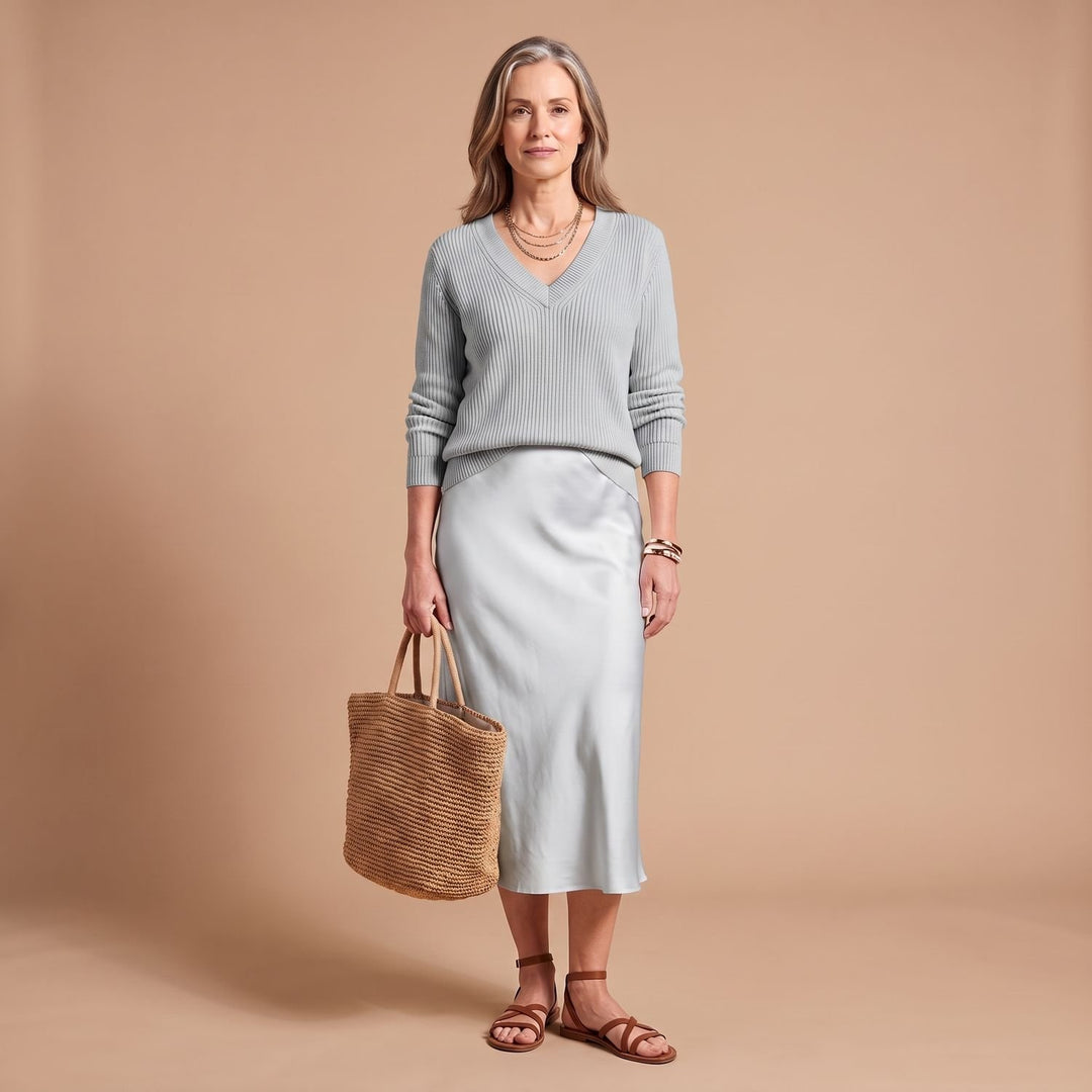 Women's Satin Midi Slip Dress Knit Sweater Two-Piece Set - Blue