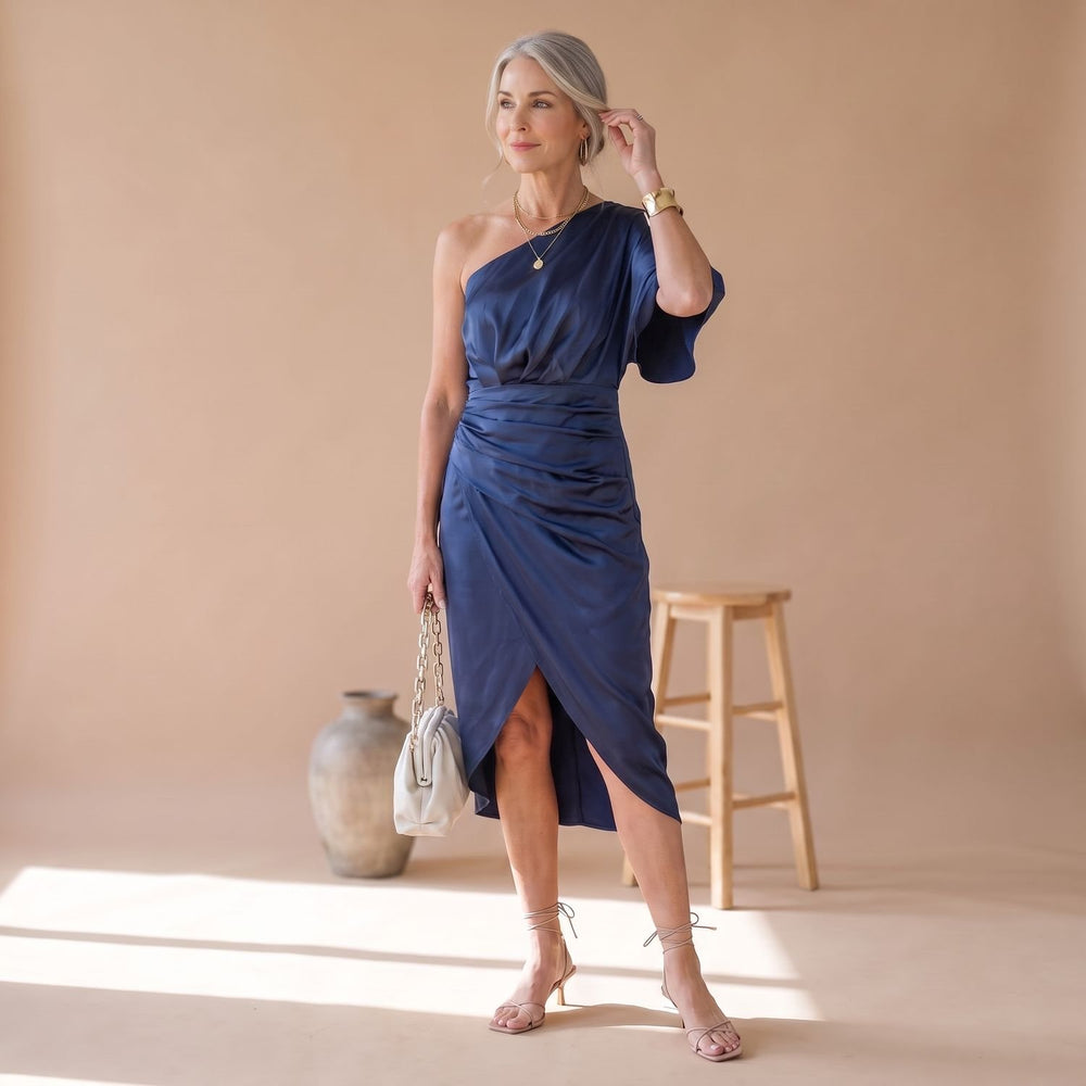 Women's Satin One-Shoulder Ruched Midi Cocktail Dress