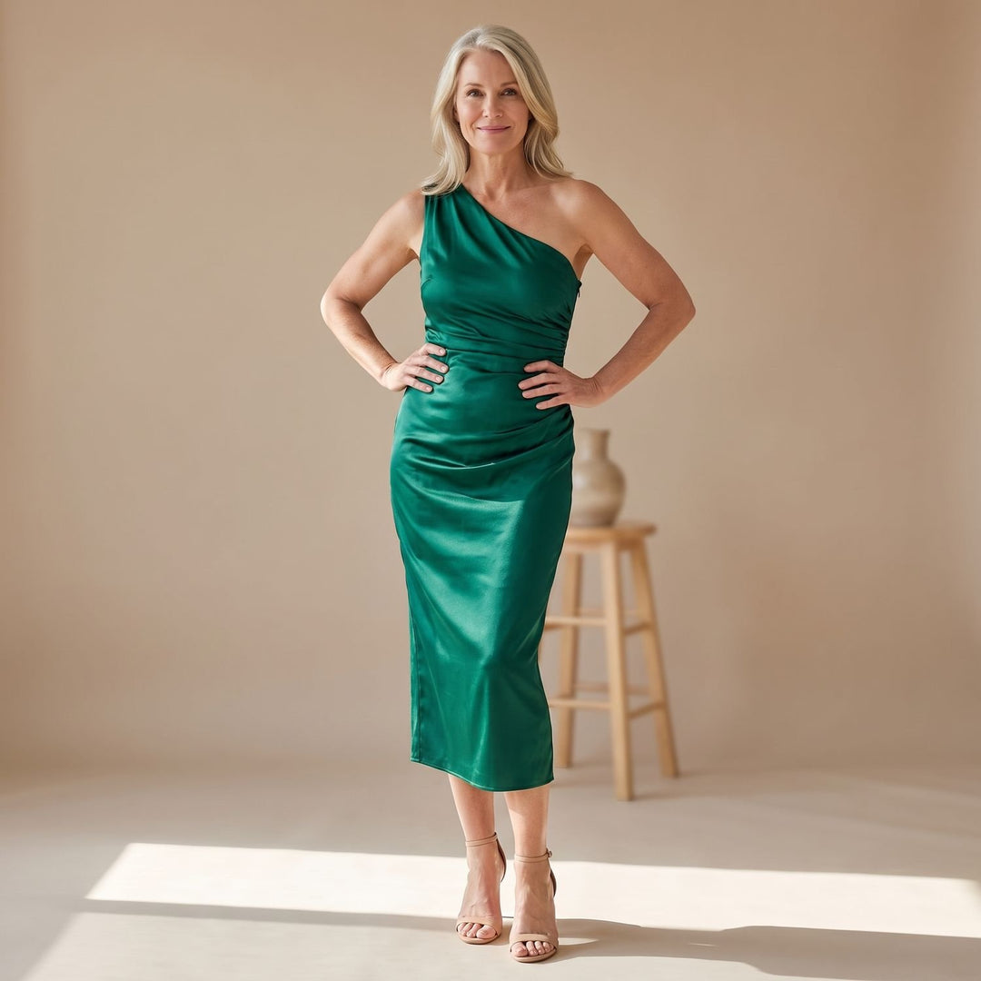 Women's Satin One-Shoulder Ruched Midi Cocktail Dress - Green