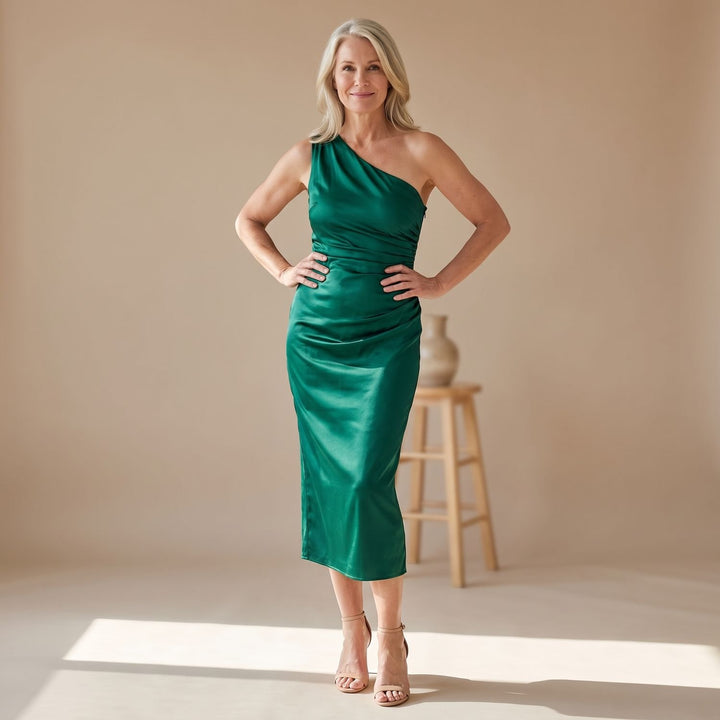 Women's Satin One-Shoulder Ruched Midi Cocktail Dress - Green
