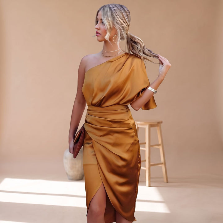 Women's Satin One-Shoulder Ruched Midi Cocktail Dress - Orange