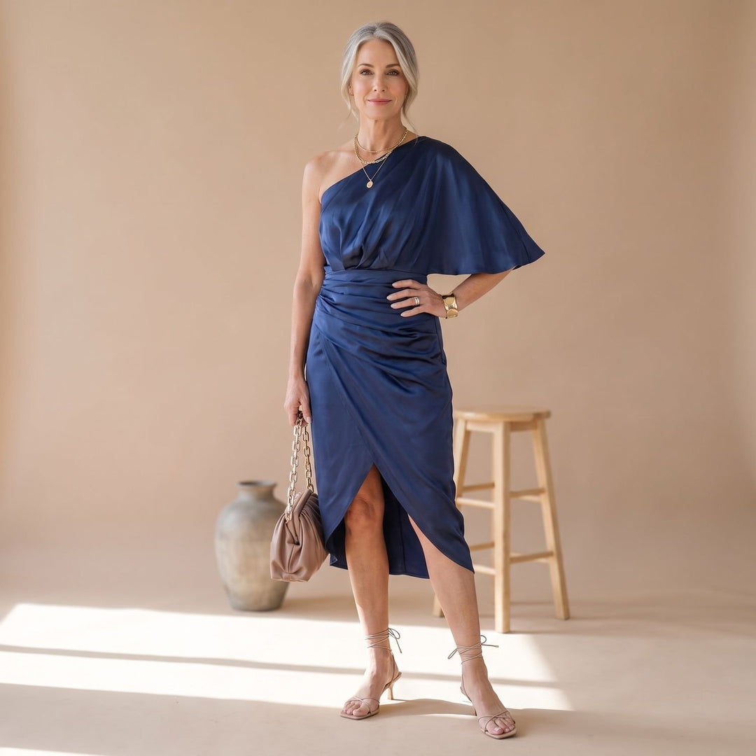 Women's Satin One-Shoulder Ruched Midi Cocktail Dress