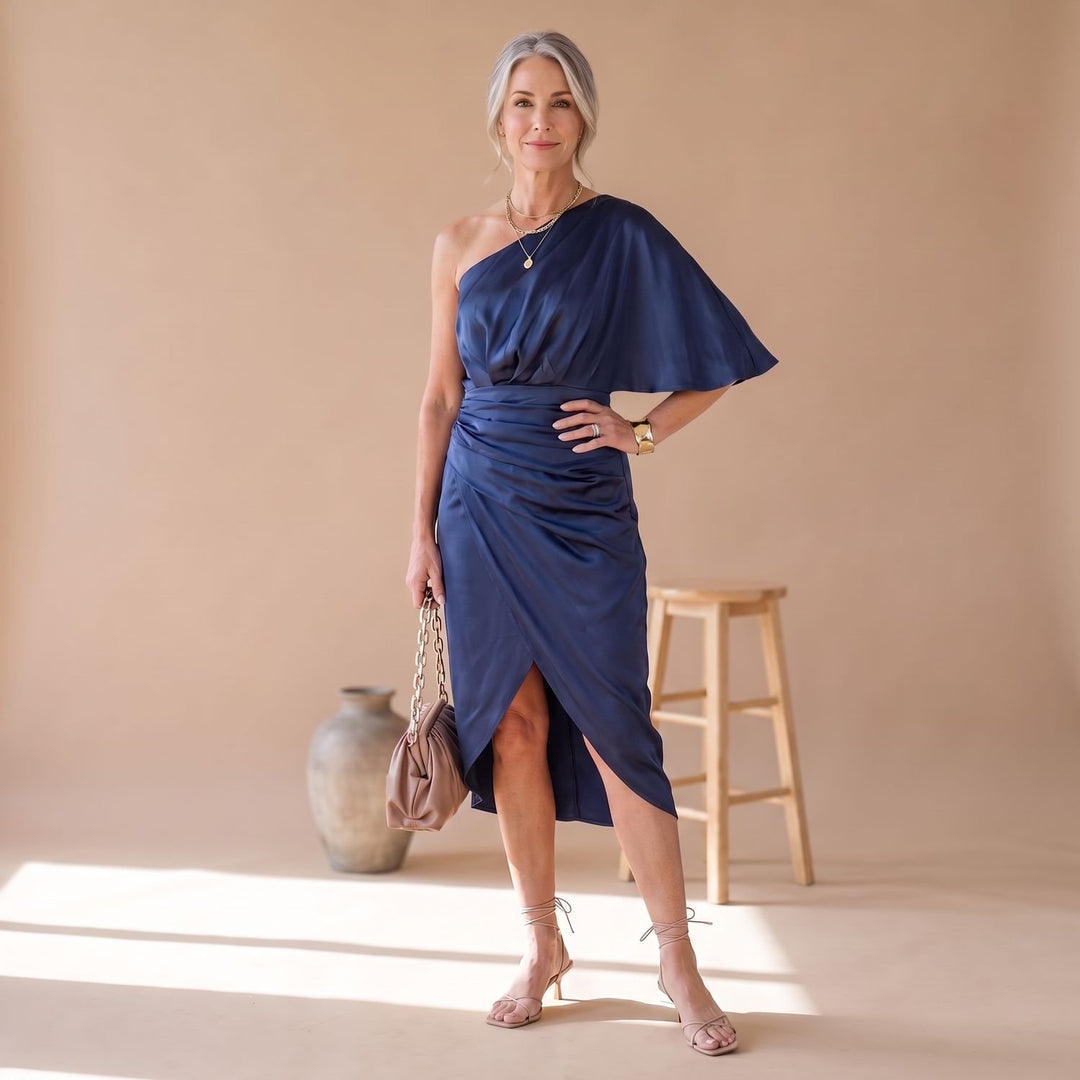 Women's Satin One-Shoulder Ruched Midi Cocktail Dress