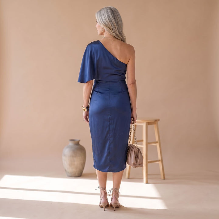 Women's Satin One-Shoulder Ruched Midi Cocktail Dress