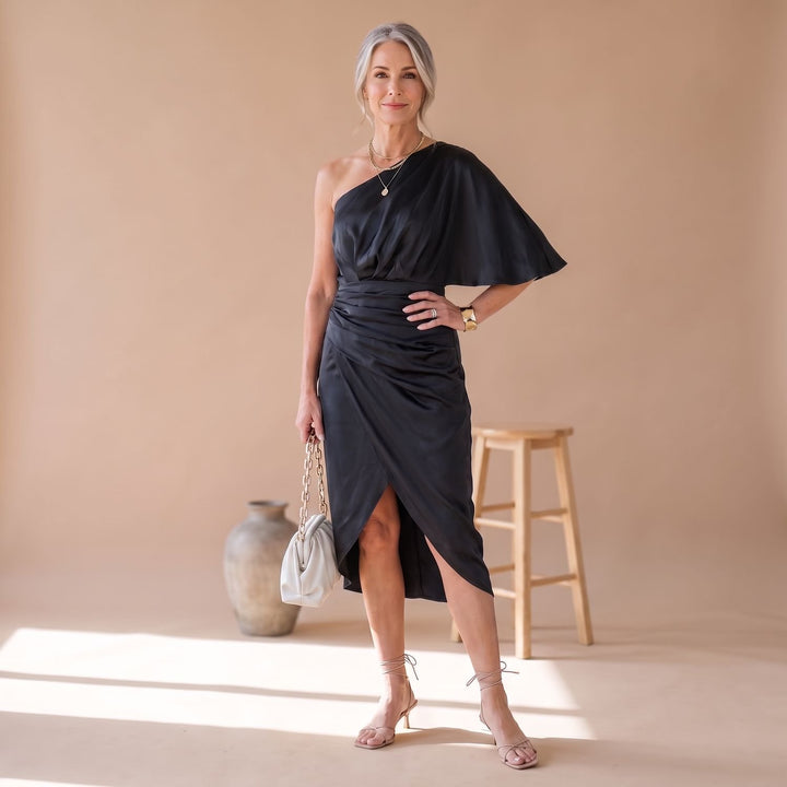 Women's Satin One-Shoulder Ruched Midi Cocktail Dress