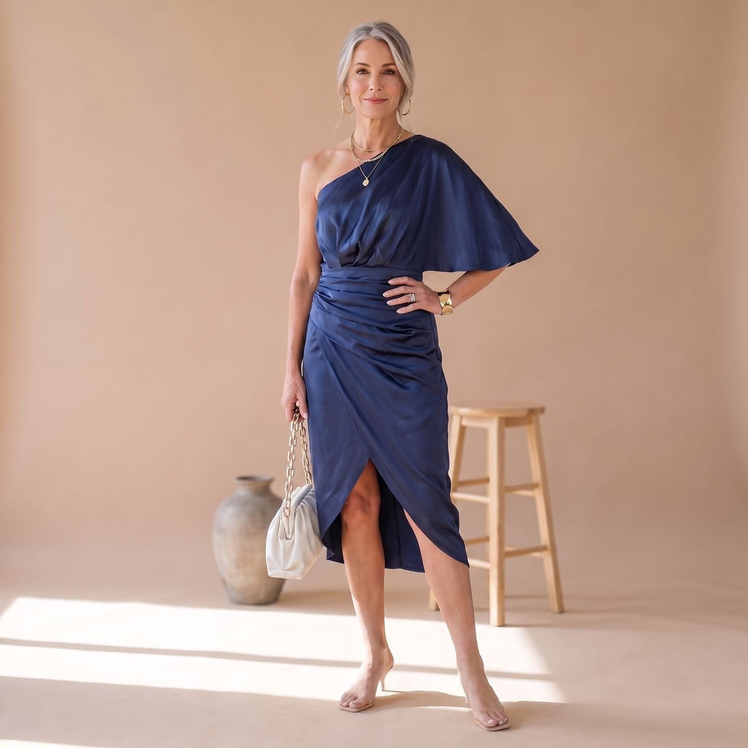 Women's Satin One-Shoulder Ruched Midi Cocktail Dress - Blue