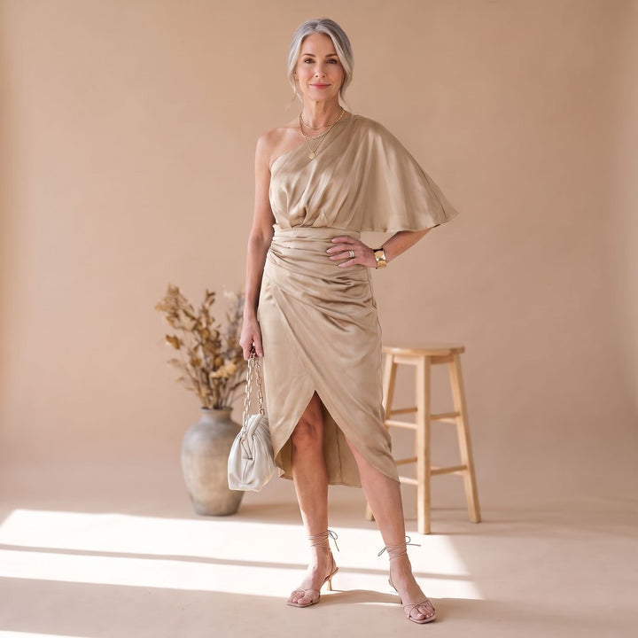 Women's Satin One-Shoulder Ruched Midi Cocktail Dress - Gold