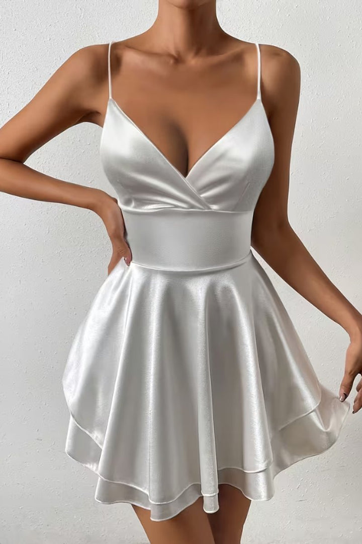 Women's Satin Open-Back V-Neck Mini Cocktail Dress - White