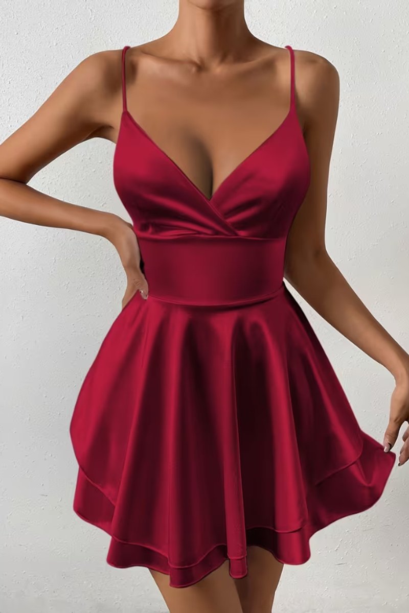 Women's Satin Open-Back V-Neck Mini Cocktail Dress - Burgundy Red