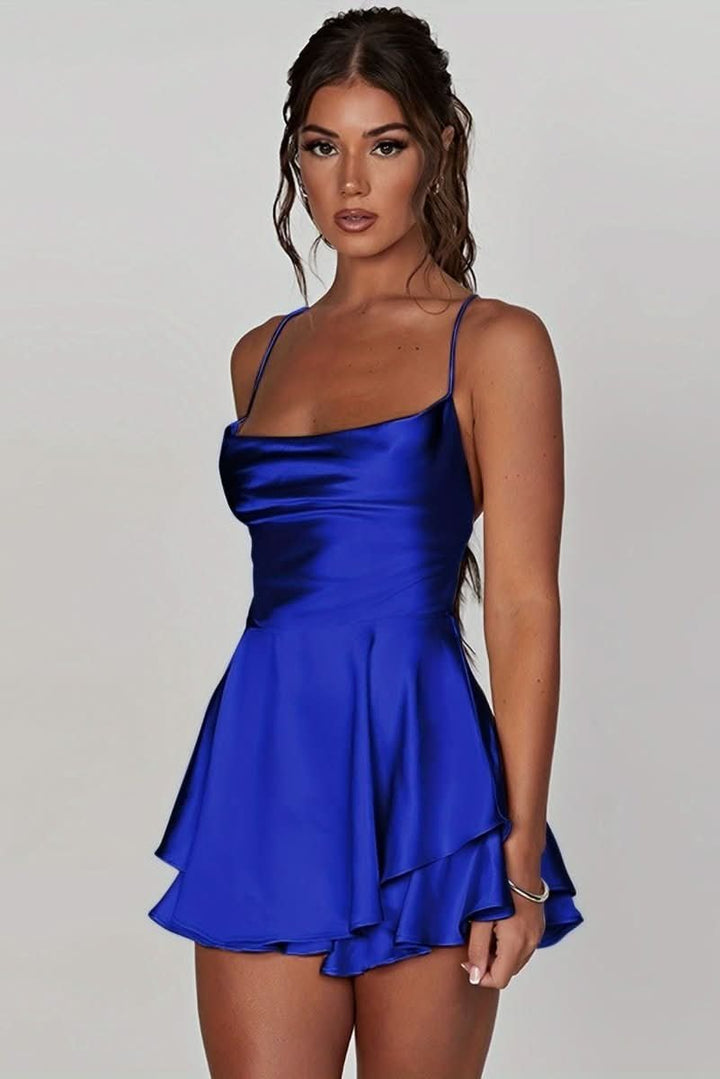 Women's Satin Square-Neck Ruffle Skirt Mini Cocktail Dress - Royal Blue