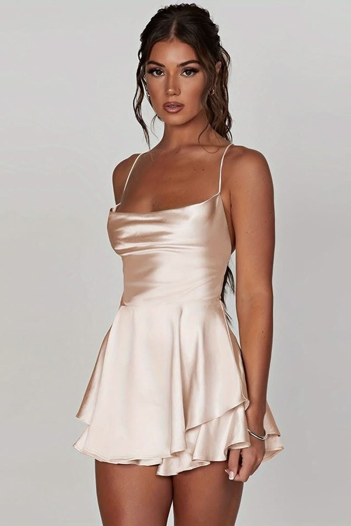 Women's Satin Square-Neck Ruffle Skirt Mini Cocktail Dress - Milky White