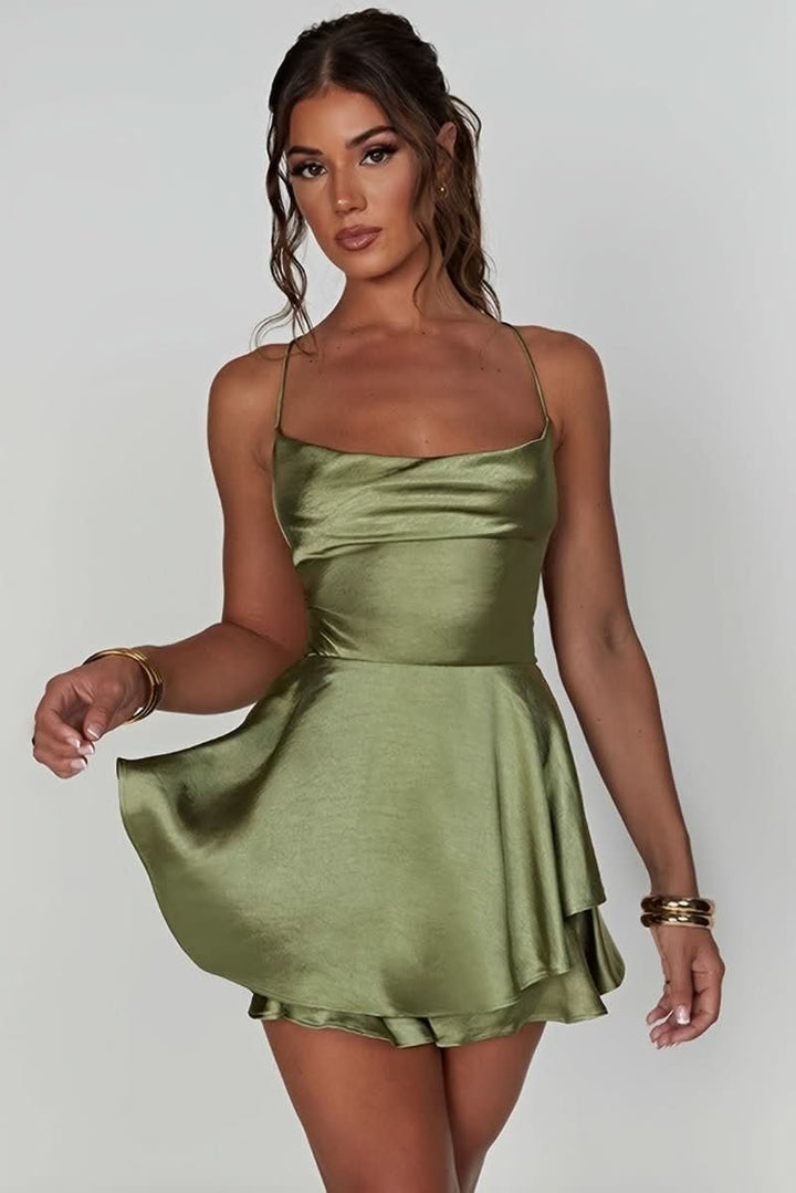 Women's Satin Square-Neck Ruffle Skirt Mini Cocktail Dress - Matcha Green