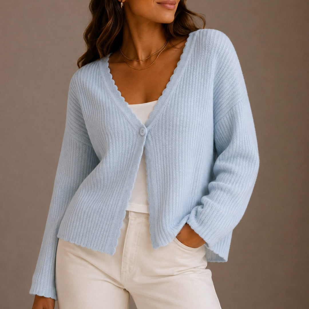 Women's Scallop-Trim V-Neck Button-Front Knit Cardigan - Blue