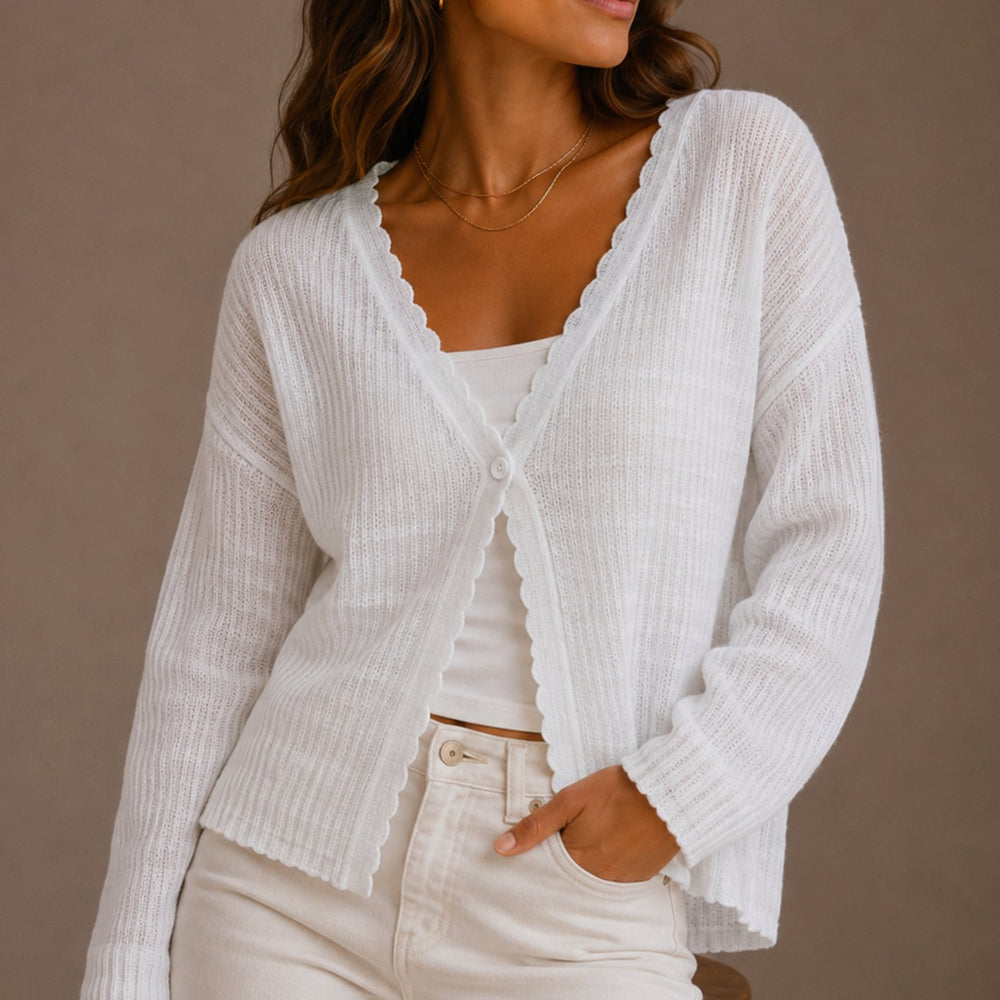 Women's Scallop-Trim V-Neck Button-Front Knit Cardigan - White