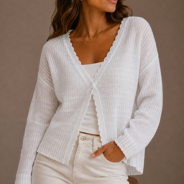 Women's Scallop-Trim V-Neck Button-Front Knit Cardigan - White