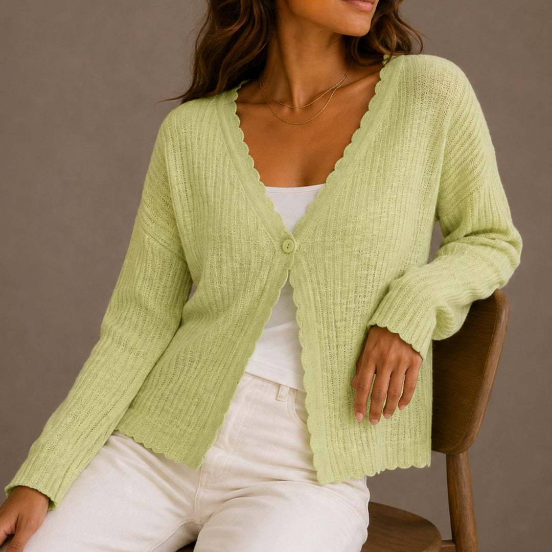 Women's Scallop-Trim V-Neck Button-Front Knit Cardigan - Green