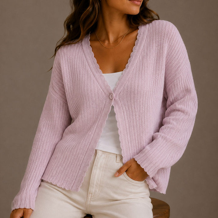 Women's Scallop-Trim V-Neck Button-Front Knit Cardigan - Pink