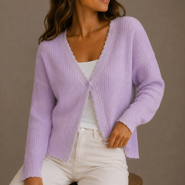 Women's Scallop-Trim V-Neck Button-Front Knit Cardigan - Purple