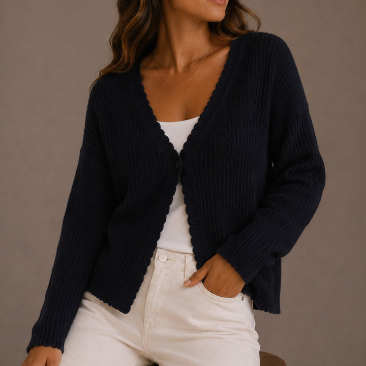 Women's Scallop-Trim V-Neck Button-Front Knit Cardigan - Navy