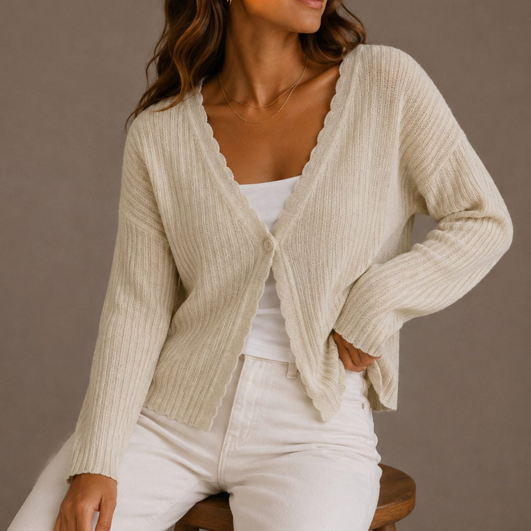 Women's Scallop-Trim V-Neck Button-Front Knit Cardigan - Beige