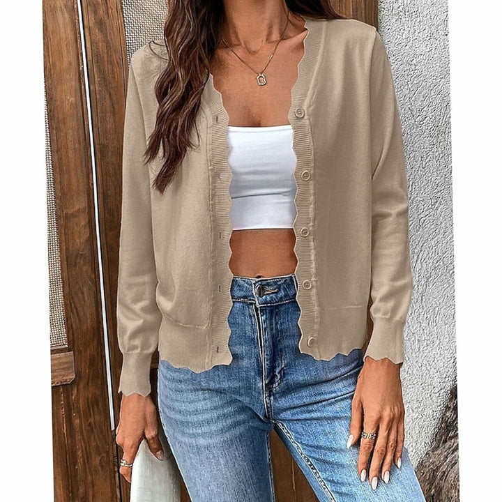 Women's Scalloped-Edge Button-Front Knit Cardigan - Khaki