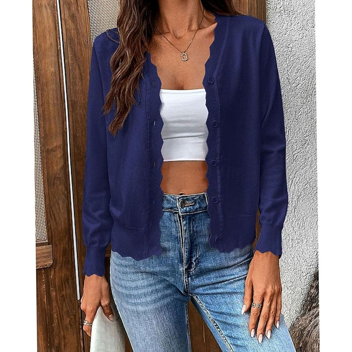 Women's Scalloped-Edge Button-Front Knit Cardigan - Navy Blue